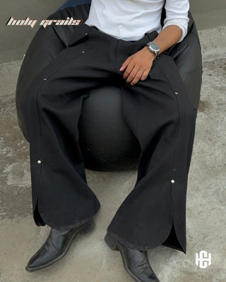 Men in 'Black Command' Deep Black Premium Structured Denims Wide Leg Pants HG x Charactr - Front Sitting on Bean Bag
