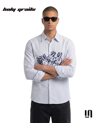 Men in 'Blue Mirage Bunny' Premium Soft Touch Fabric Graphic Printed Full Sleeve Stripe Shirt HG x Sullitt - Front 2