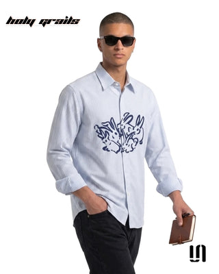 Men in 'Blue Mirage Bunny' Premium Soft Touch Fabric Graphic Printed Full Sleeve Stripe Shirt HG x Sullitt - Front Side