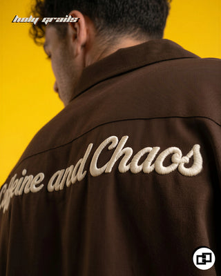 Men in 'Caffeine and Chaos' Brown Premium Banana Crepe Oversize Bowling Shirt HG x Grey Hound - Back Close