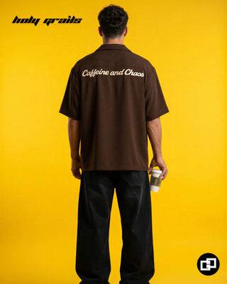 Men in 'Caffeine and Chaos' Brown Premium Banana Crepe Oversize Bowling Shirt HG x Grey Hound - Back Full