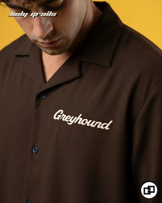 Men in 'Caffeine and Chaos' Brown Premium Banana Crepe Oversize Bowling Shirt HG x Grey Hound - Front Close