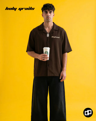 Men in 'Caffeine and Chaos' Brown Premium Banana Crepe Oversize Bowling Shirt HG x Grey Hound -  Front Full
