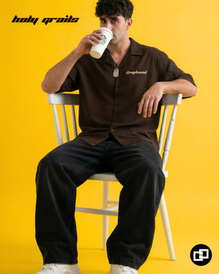 Men in 'Caffeine and Chaos' Brown Premium Banana Crepe Oversize Bowling Shirt HG x Grey Hound - From Sitting