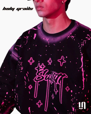 Men in 'Chaos Paint' Black 400 GSM Suede Fabric Printed Oversize Swearshirt HG x Sullitt - Front Print Close Up