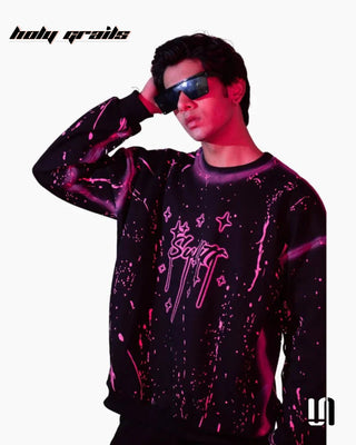 Men in 'Chaos Paint' Black 400 GSM Suede Fabric Printed Oversize Swearshirt HG x Sullitt - Front Touching Head