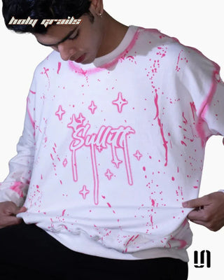 Men in 'Chaos Paint' White 400 GSM Suede Fabric Printed Oversize Swearshirt HG x Sullitt - Front Close 1