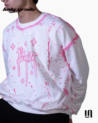 Men in 'Chaos Paint' White 400 GSM Suede Fabric Printed Oversize Swearshirt HG x Sullitt - Front Close 2