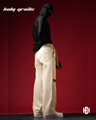 Men in 'Charactr' Versatile Light Beige Dobby Denim Straight Fit Cargo Pants HG x Charactr - Back Side Full