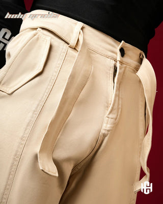 Men in 'Charactr' Versatile Light Beige Dobby Denim Straight Fit Cargo Pants HG x Charactr - Front Close Up