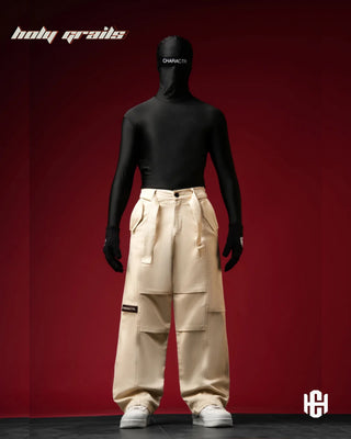 Men in 'Charactr' Versatile Light Beige Dobby Denim Straight Fit Cargo Pants HG x Charactr - Front Full