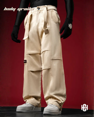 Men in 'Charactr' Versatile Light Beige Dobby Denim Straight Fit Cargo Pants HG x Charactr - Front Side