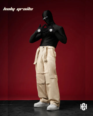Men in 'Charactr' Versatile Light Beige Dobby Denim Straight Fit Cargo Pants HG x Charactr - Front Side Full