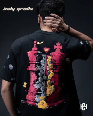 Men in 'Checkmate' Black 240 GSM 100% Terry Cotton Graphic Oversized T-Shirt HG x Charactr - Back Close