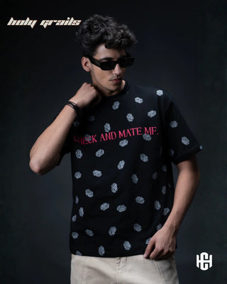 Men in 'Checkmate' Black 240 GSM 100% Terry Cotton Graphic Oversized T-Shirt HG x Charactr - Front