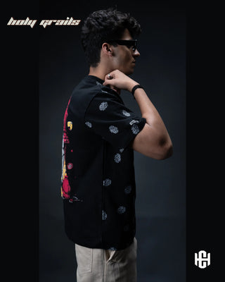 Men in 'Checkmate' Black 240 GSM 100% Terry Cotton Graphic Oversized T-Shirt HG x Charactr - Side 1