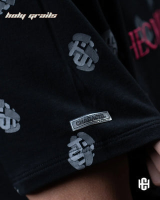 Men in 'Checkmate' Black 240 GSM 100% Terry Cotton Graphic Oversized T-Shirt HG x Charactr - Sleeve Close Up