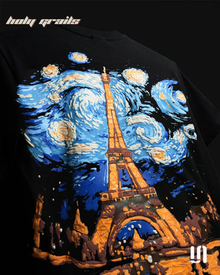 Men in 'City of Nights' Black 240 GSM French Terry Cotton Graphic Printed Oversize T-Shirt HG x Sullitt - Back Print Close Up