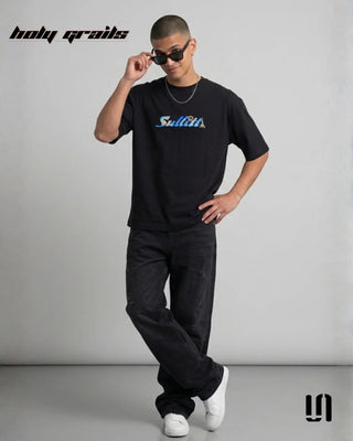 Men in 'City of Nights' Black 240 GSM French Terry Cotton Graphic Printed Oversize T-Shirt HG x Sullitt - Front Full