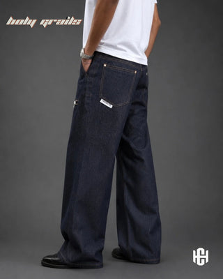 Men in 'Clasp Denims II' Deep Blue Premium Structured Denims Wide Leg Pants HG x Charactr - Back Side