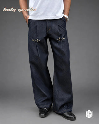 Men in 'Clasp Denims II' Deep Blue Premium Structured Denims Wide Leg Pants HG x Charactr - Front