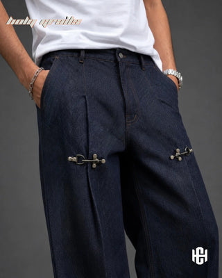 Men in 'Clasp Denims II' Deep Blue Premium Structured Denims Wide Leg Pants HG x Charactr - Front Close Up