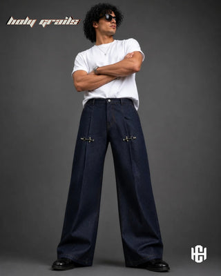 Men in 'Clasp Denims II' Deep Blue Premium Structured Denims Wide Leg Pants HG x Charactr - Front Full