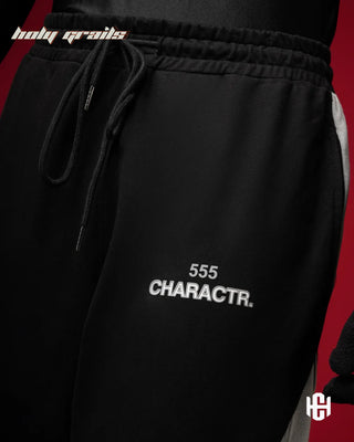 Men in 'Constellation' Unisex Black & Grey 320 GSM Cotton Fleece Pants HG x Charactr - Front Print Close Up