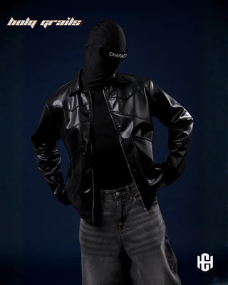 Men in 'Core' Shiny Black Faux Vegan Leather Zipper Biker Jacket HG x Charactr - Front