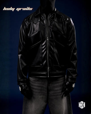 Men in 'Core' Shiny Black Faux Vegan Leather Zipper Biker Jacket HG x Charactr - Front Close