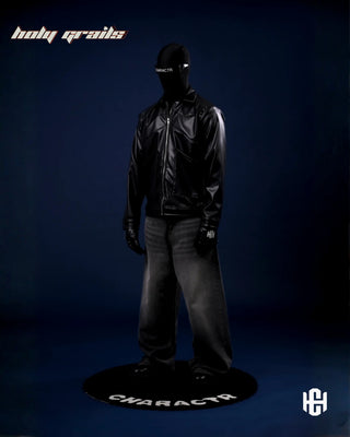 Men in 'Core' Shiny Black Faux Vegan Leather Zipper Biker Jacket HG x Charactr - Front Full