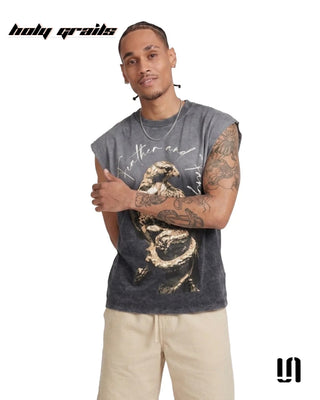 Men in 'Death Scavenger' Grey Premium Acid Wash Fabric Graphic Printed Sleeveless Tank Top HG x Sullitt - Front 1