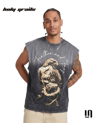 Men in 'Death Scavenger' Grey Premium Acid Wash Fabric Graphic Printed Sleeveless Tank Top HG x Sullitt - Front 2