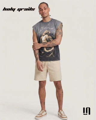 Men in 'Death Scavenger' Grey Premium Acid Wash Fabric Graphic Printed Sleeveless Tank Top HG x Sullitt - Front Full