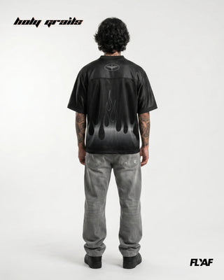 Men in 'FLYAF 24 Flame Jersey' Black Mesh Motif Printed Oversize Tee HG x FLYAF - Back Full