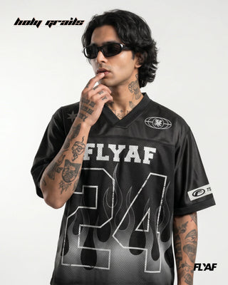 Men in 'FLYAF 24 Flame Jersey' Black Mesh Motif Printed Oversize Tee HG x FLYAF - Front