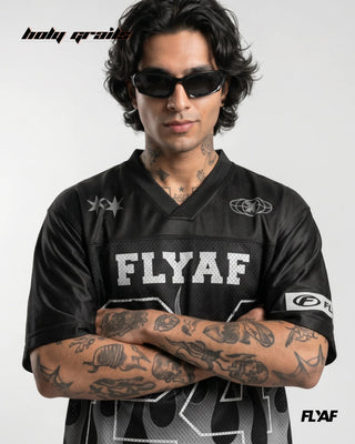 Men in 'FLYAF 24 Flame Jersey' Black Mesh Motif Printed Oversize Tee HG x FLYAF - Front Close