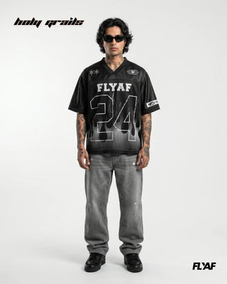 Men in 'FLYAF 24 Flame Jersey' Black Mesh Motif Printed Oversize Tee HG x FLYAF - Front Full