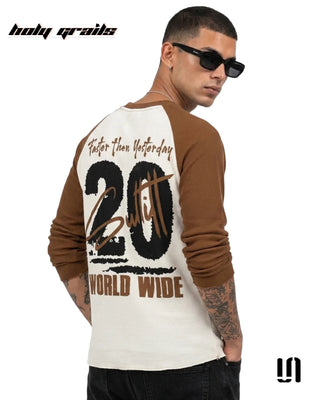 Men in 'Faster Than Yesterday Ragline' Brown & Cream Waffle Knit Fabric Graphic Full Sleeve T-Shirt HG x Sullitt - Back Side