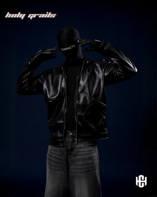 Men in 'Flap' Shiny Black Faux Vegan Leather Zipper Biker Jacket HG x Charactr - Front