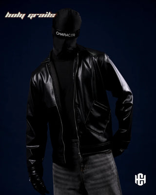 Men in 'Flap' Shiny Black Faux Vegan Leather Zipper Biker Jacket HG x Charactr - Front Close