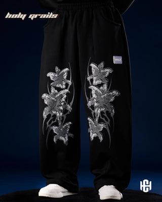 Men in 'Frosted Floral' Black Unisex 400 GSM Cotton Fleece Super Baggy Pants HG x Charactr - Front