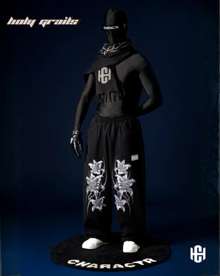 Men in 'Frosted Floral' Black Unisex 400 GSM Cotton Fleece Super Baggy Pants HG x Charactr - Front Full