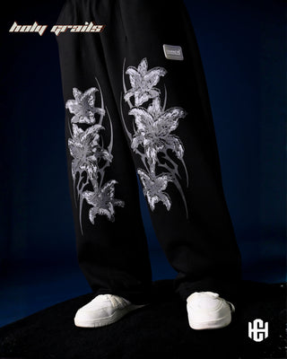 Men in 'Frosted Floral' Black Unisex 400 GSM Cotton Fleece Super Baggy Pants HG x Charactr - Front Side 1