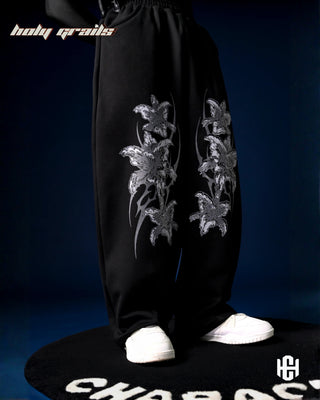 Men in 'Frosted Floral' Black Unisex 400 GSM Cotton Fleece Super Baggy Pants HG x Charactr - Front Side 2