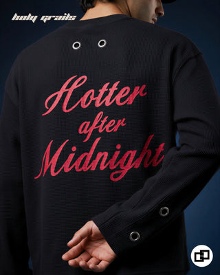 Men in 'Hotter After Midnight' Black Waffle Knit Fabric Screen Print Oversize Full Sleeve T-Shirt HG x Grey Hound - Back