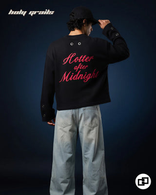 Men in 'Hotter After Midnight' Black Waffle Knit Fabric Screen Print Oversize Full Sleeve T-Shirt HG x Grey Hound - Back Full