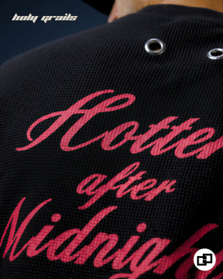Men in 'Hotter After Midnight' Back Waffle Knit Fabric Screen Print Oversize Full Sleeve T-Shirt HG x Grey Hound - Back Print Close Up