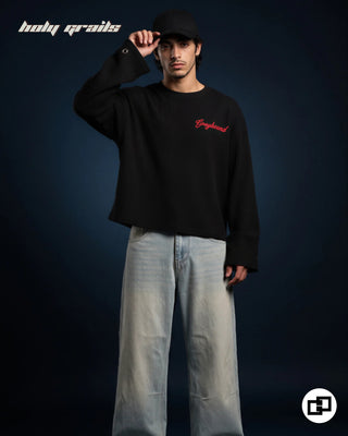 Men in 'Hotter After Midnight' Black Waffle Knit Fabric Screen Print Oversize Full Sleeve T-Shirt HG x Grey Hound - Front Full