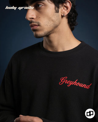 Men in 'Hotter After Midnight' Black Waffle Knit Fabric Screen Print Oversize Full Sleeve T-Shirt HG x Grey Hound - Front